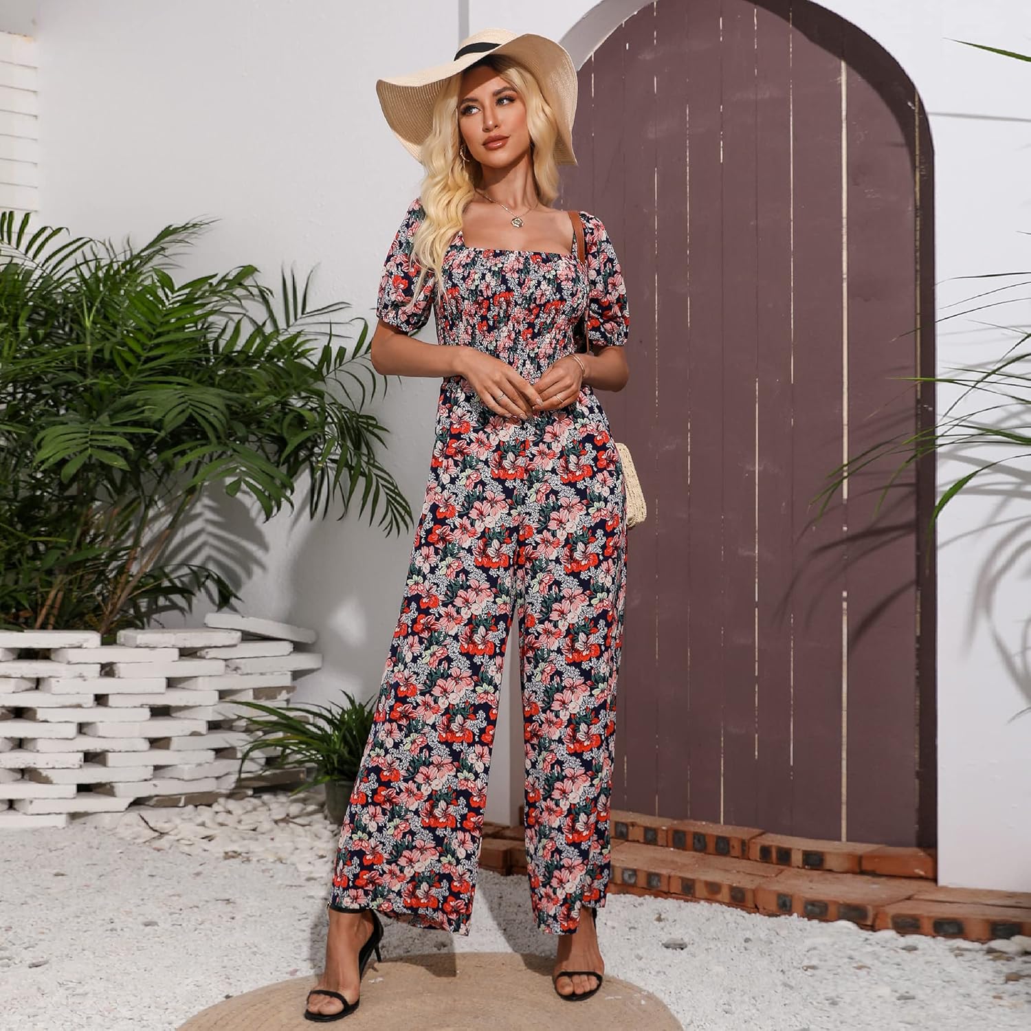 Love Welove Fashion Summer Jumpsuits for Women 2025 Floral Dressy Casual Loose Wide Leg Short Sleeve One Piece Romper Outfits