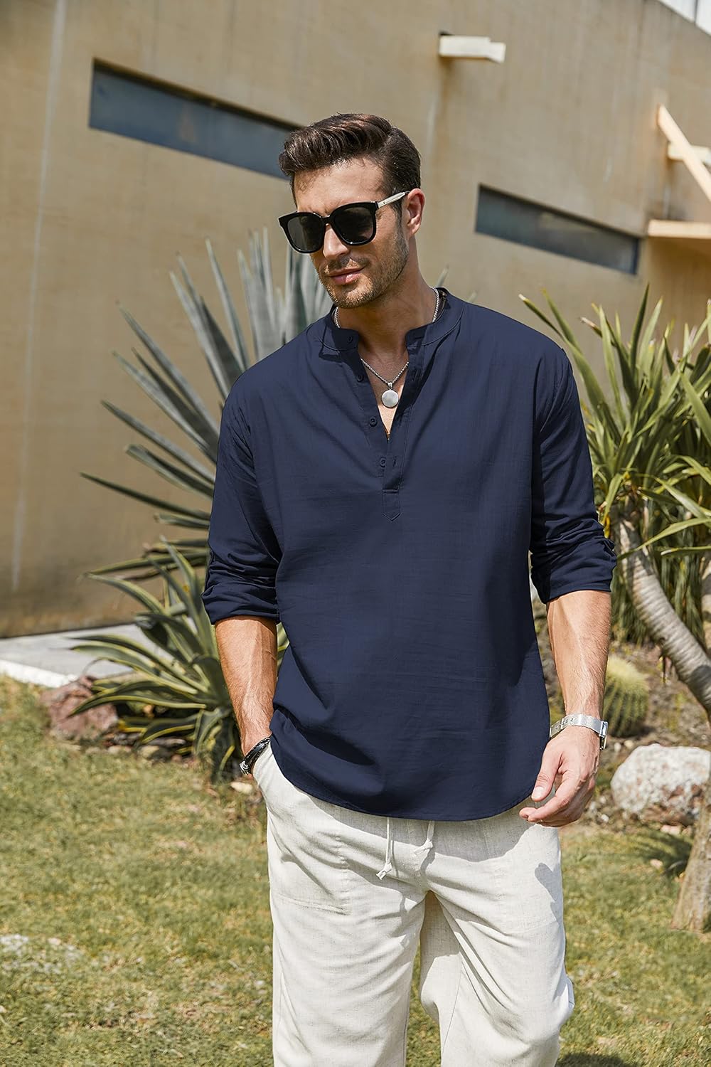 COOFANDY Men's Cotton Linen Henley T-Shirts Long Sleeve Hippie Casual Beach T-Shirts