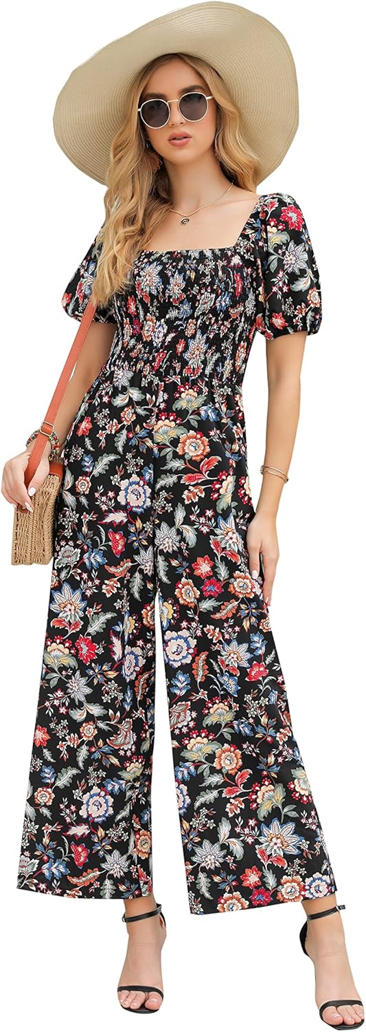 Love Welove Fashion Summer Jumpsuits for Women 2025 Floral Dressy Casual Loose Wide Leg Short Sleeve One Piece Romper Outfits