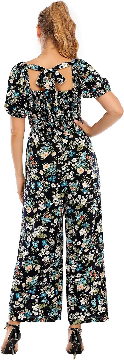 Love Welove Fashion Summer Jumpsuits for Women 2025 Floral Dressy Casual Loose Wide Leg Short Sleeve One Piece Romper Outfits