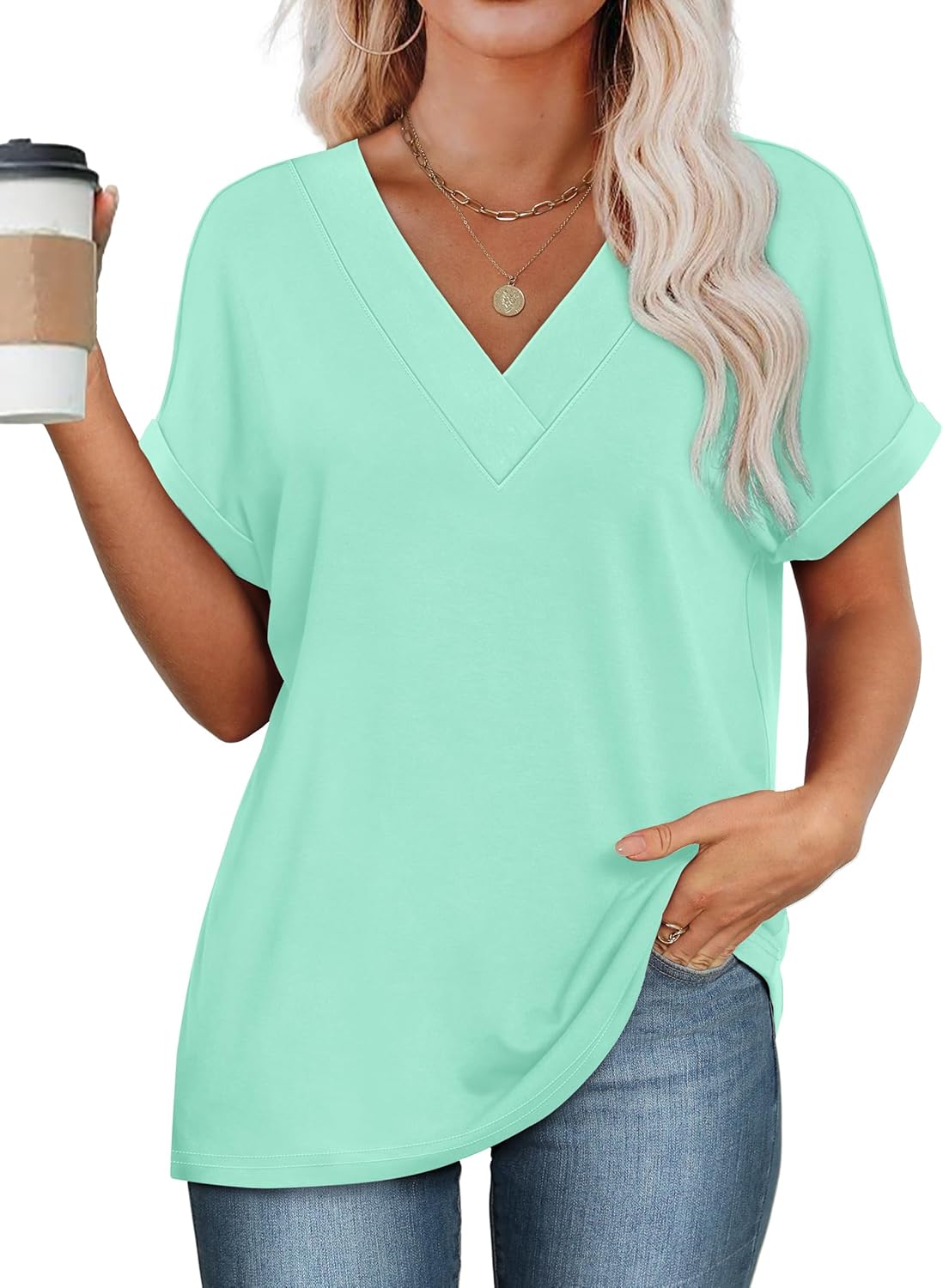 ✨Womens Summer V Neck Short Sleeve Solid Color Basic T Shirt(Buy 3 Free Shipping)