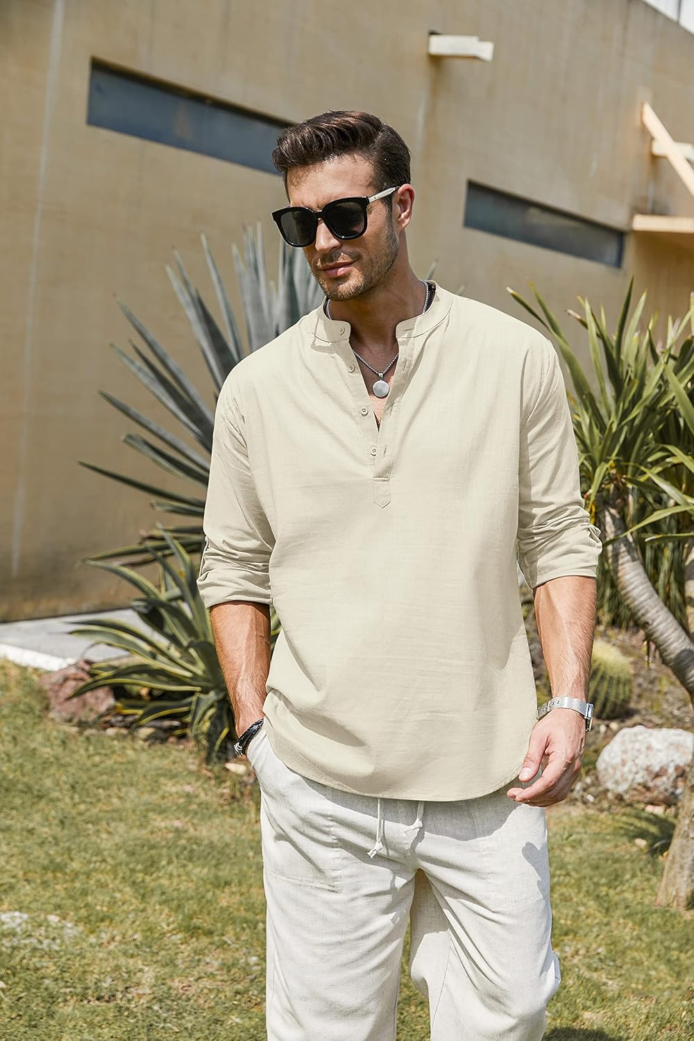 COOFANDY Men's Cotton Linen Henley T-Shirts Long Sleeve Hippie Casual Beach T-Shirts