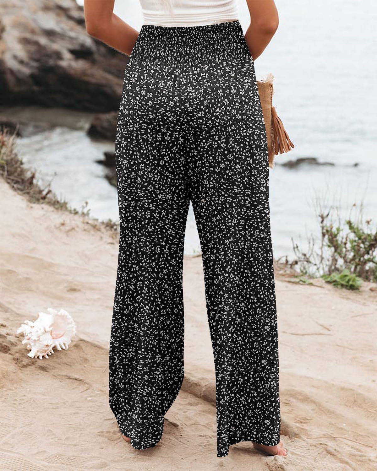 Angerella Womens Elastic High Waisted Palazzo Pants Casual Wide Leg Long Lounge Pant Trousers with Pocket