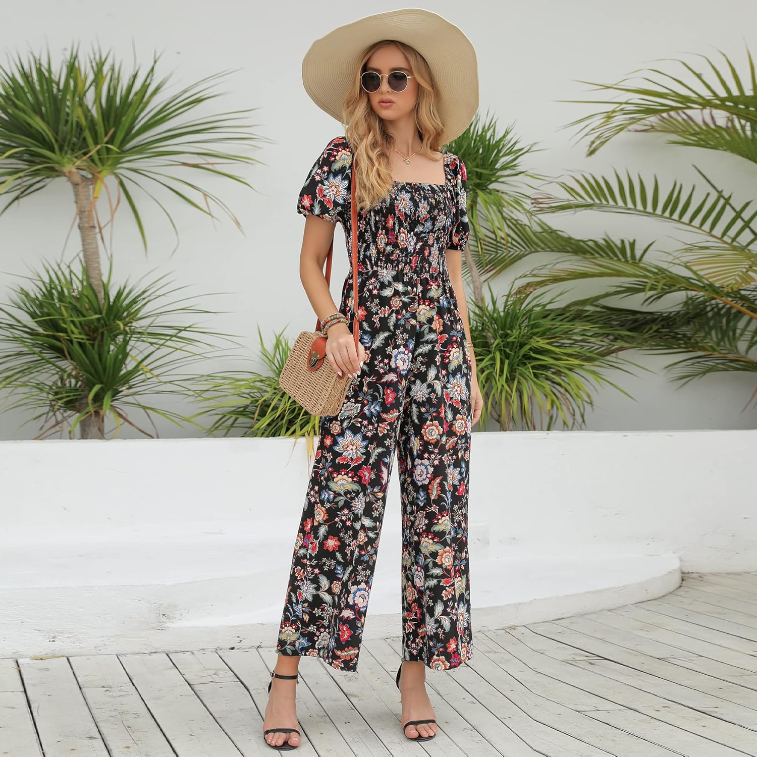 Love Welove Fashion Summer Jumpsuits for Women 2025 Floral Dressy Casual Loose Wide Leg Short Sleeve One Piece Romper Outfits