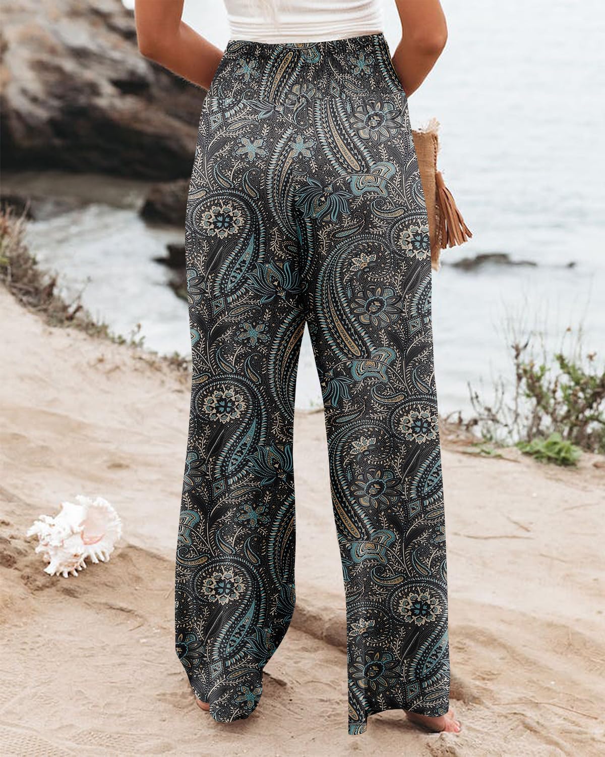 Angerella Womens Elastic High Waisted Palazzo Pants Casual Wide Leg Long Lounge Pant Trousers with Pocket
