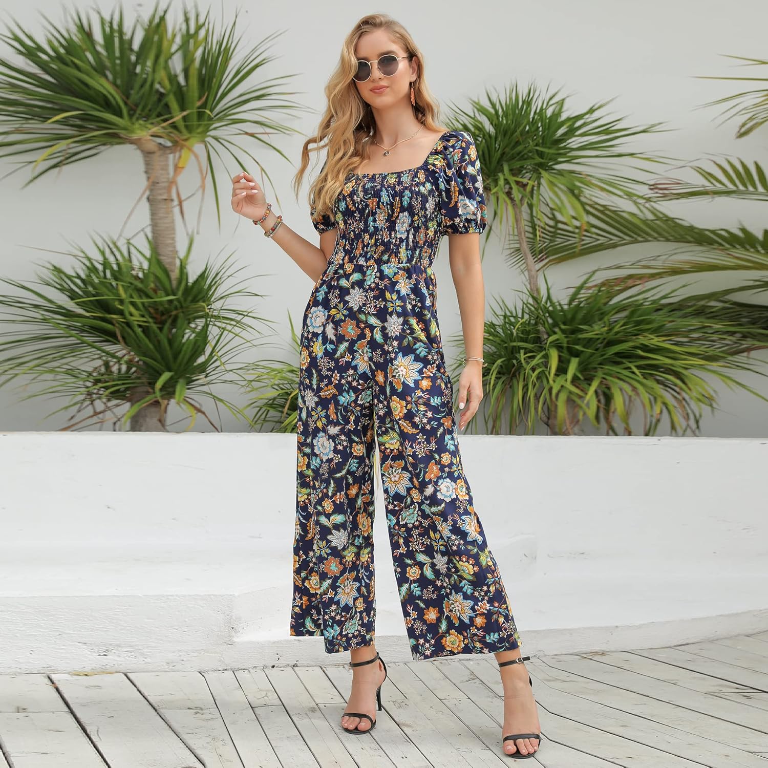 Love Welove Fashion Summer Jumpsuits for Women 2025 Floral Dressy Casual Loose Wide Leg Short Sleeve One Piece Romper Outfits