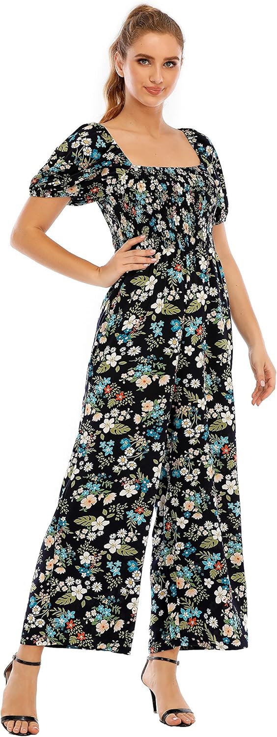 Love Welove Fashion Summer Jumpsuits for Women 2025 Floral Dressy Casual Loose Wide Leg Short Sleeve One Piece Romper Outfits