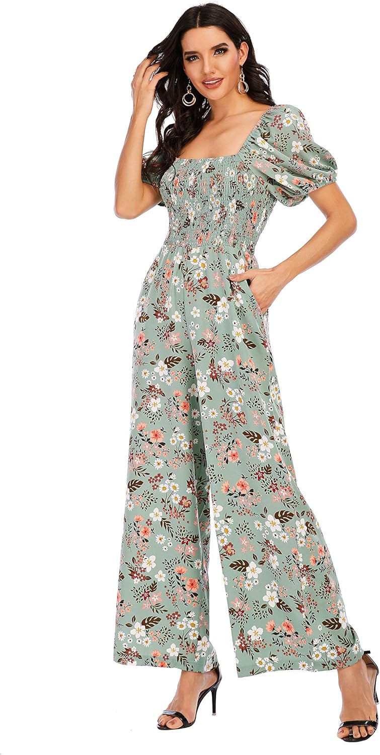 Love Welove Fashion Summer Jumpsuits for Women 2025 Floral Dressy Casual Loose Wide Leg Short Sleeve One Piece Romper Outfits