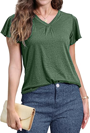 Women's V Neck Ruffle Sleeve Tunic Short Sleeve Blouse Flutter Sleeve Tops