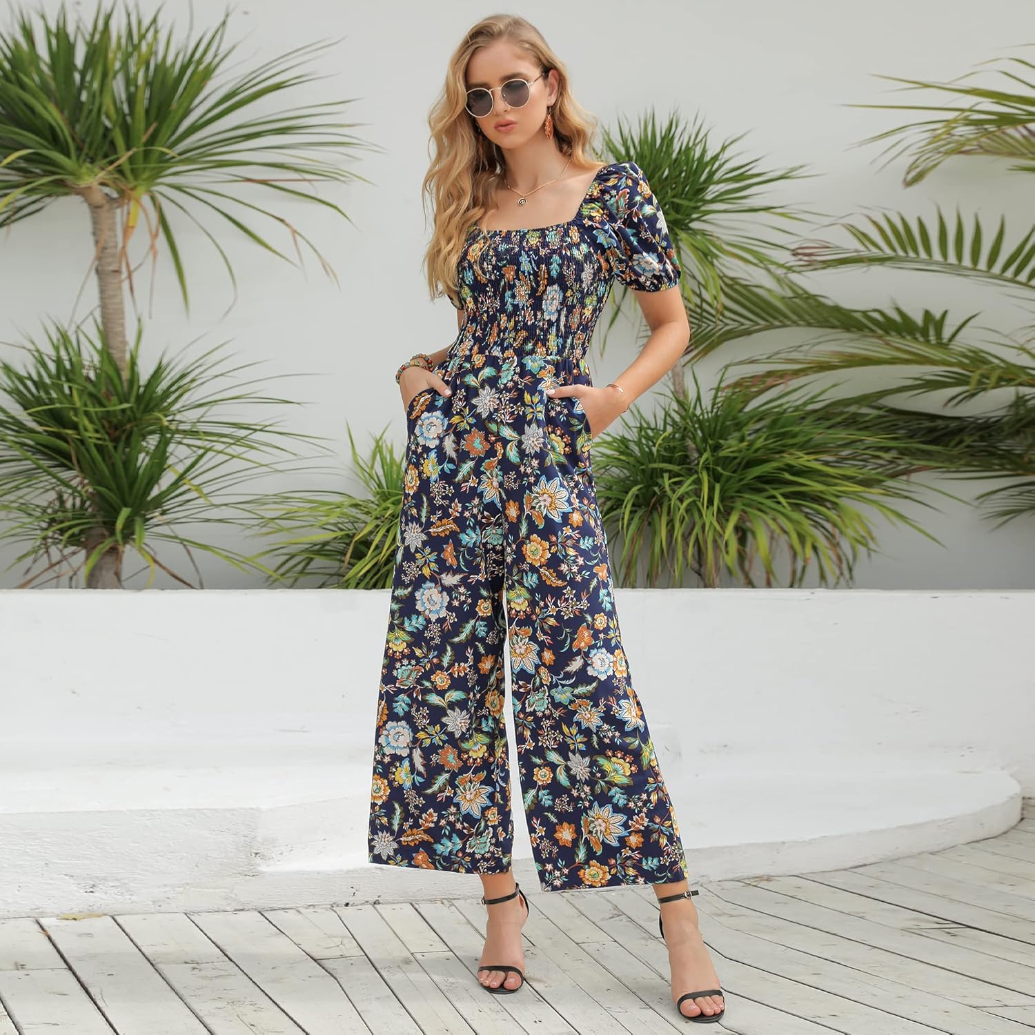 Love Welove Fashion Summer Jumpsuits for Women 2025 Floral Dressy Casual Loose Wide Leg Short Sleeve One Piece Romper Outfits