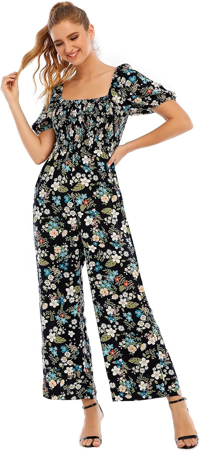 Love Welove Fashion Summer Jumpsuits for Women 2025 Floral Dressy Casual Loose Wide Leg Short Sleeve One Piece Romper Outfits