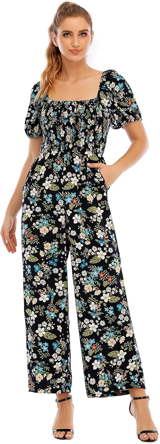 Love Welove Fashion Summer Jumpsuits for Women 2025 Floral Dressy Casual Loose Wide Leg Short Sleeve One Piece Romper Outfits