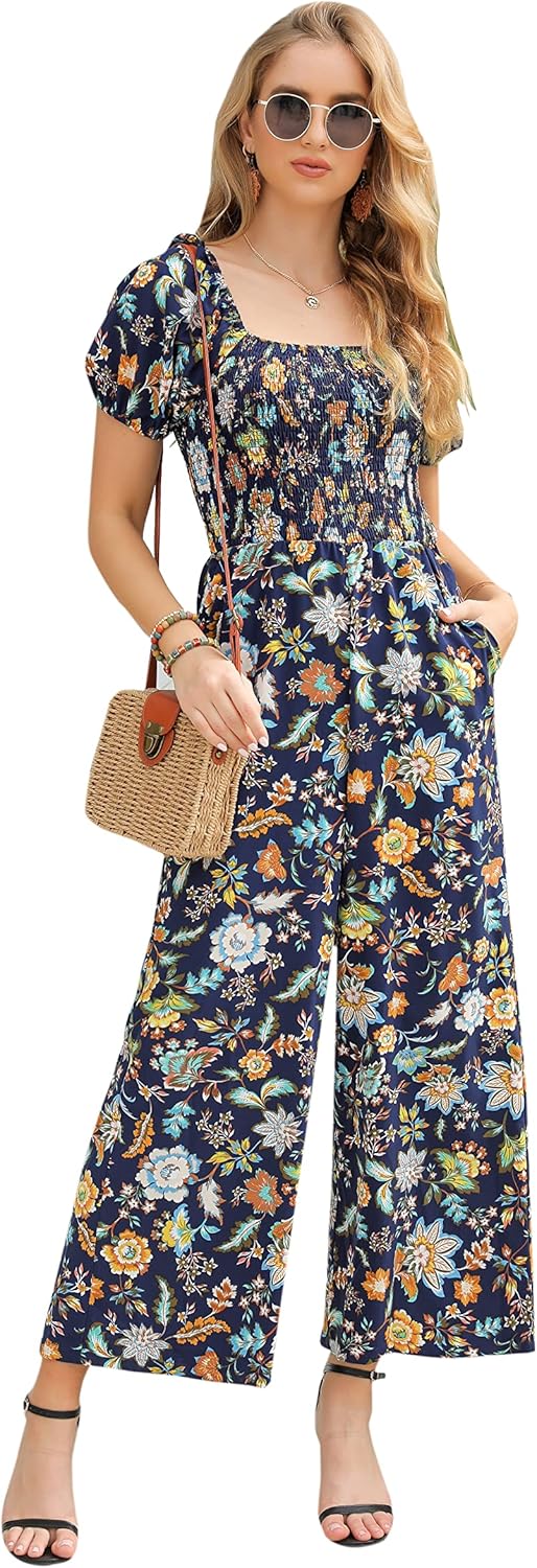 Love Welove Fashion Summer Jumpsuits for Women 2025 Floral Dressy Casual Loose Wide Leg Short Sleeve One Piece Romper Outfits