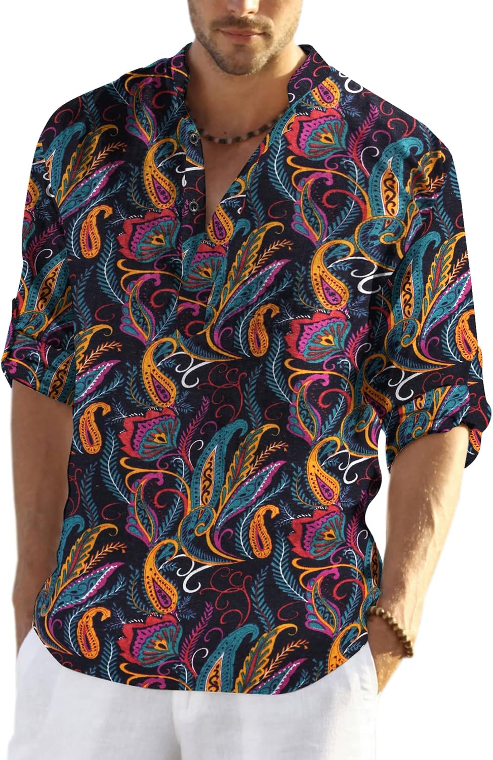 COOFANDY Men's Cotton Linen Henley T-Shirts Long Sleeve Hippie Casual Beach T-Shirts