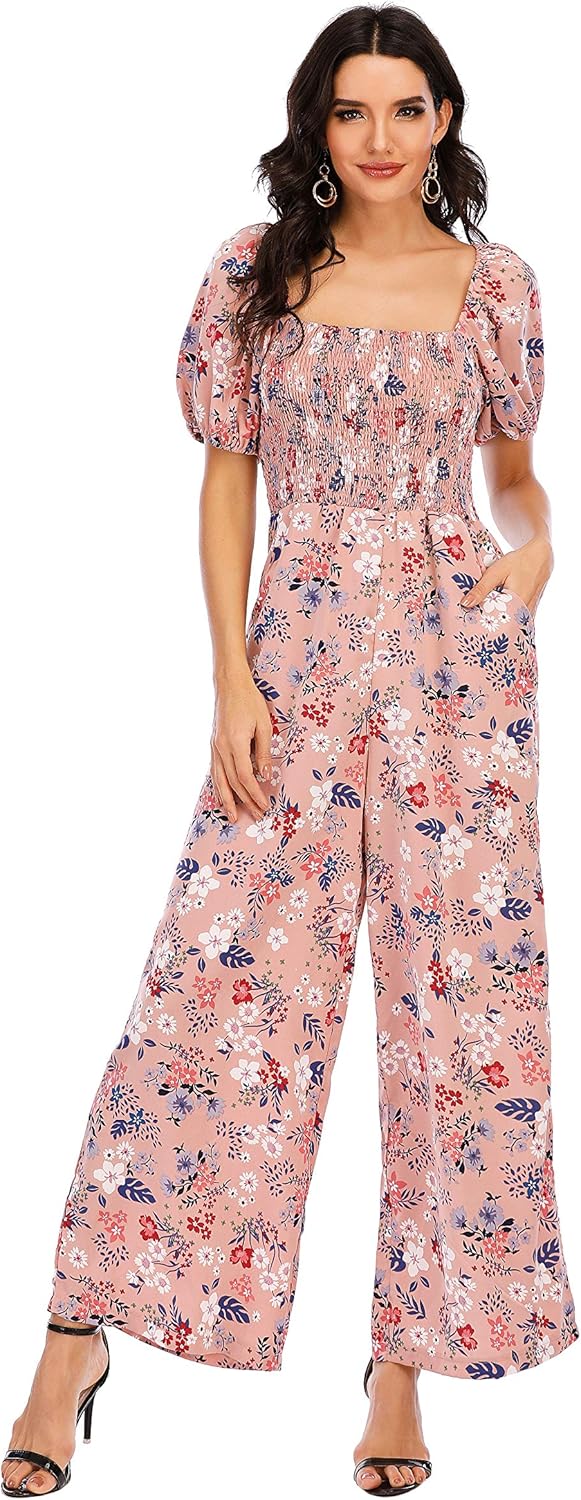 Love Welove Fashion Summer Jumpsuits for Women 2025 Floral Dressy Casual Loose Wide Leg Short Sleeve One Piece Romper Outfits