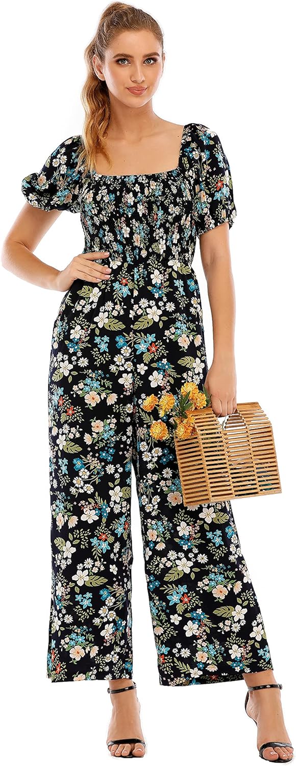 Love Welove Fashion Summer Jumpsuits for Women 2025 Floral Dressy Casual Loose Wide Leg Short Sleeve One Piece Romper Outfits