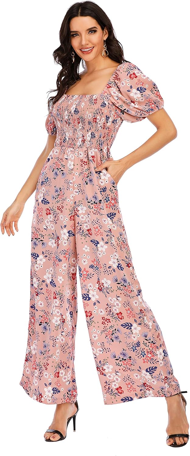 Love Welove Fashion Summer Jumpsuits for Women 2025 Floral Dressy Casual Loose Wide Leg Short Sleeve One Piece Romper Outfits