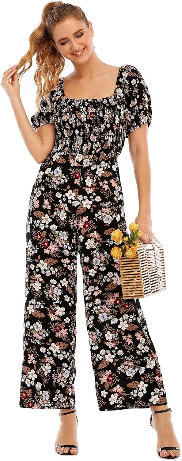 Love Welove Fashion Summer Jumpsuits for Women 2025 Floral Dressy Casual Loose Wide Leg Short Sleeve One Piece Romper Outfits