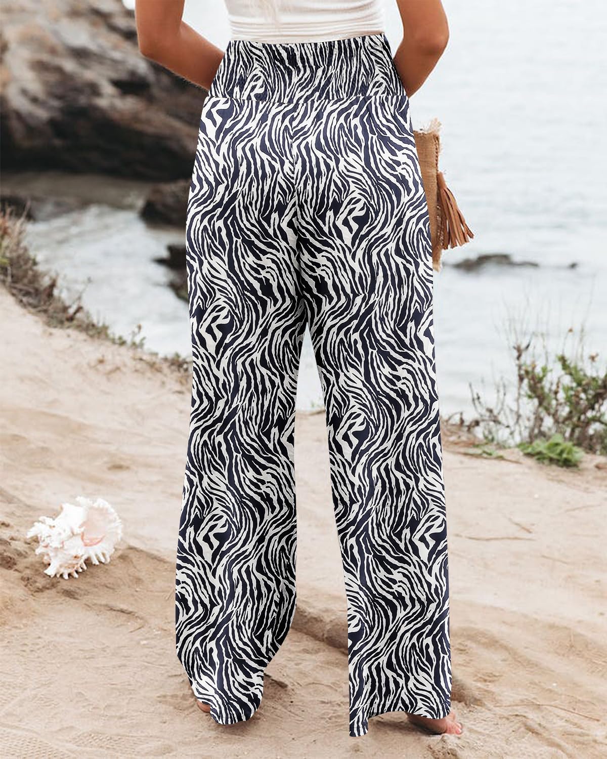Angerella Womens Elastic High Waisted Palazzo Pants Casual Wide Leg Long Lounge Pant Trousers with Pocket