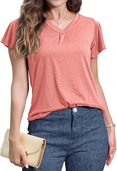 Women's V Neck Ruffle Sleeve Tunic Short Sleeve Blouse Flutter Sleeve Tops