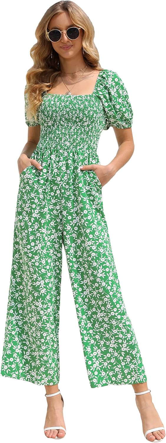 Love Welove Fashion Summer Jumpsuits for Women 2025 Floral Dressy Casual Loose Wide Leg Short Sleeve One Piece Romper Outfits