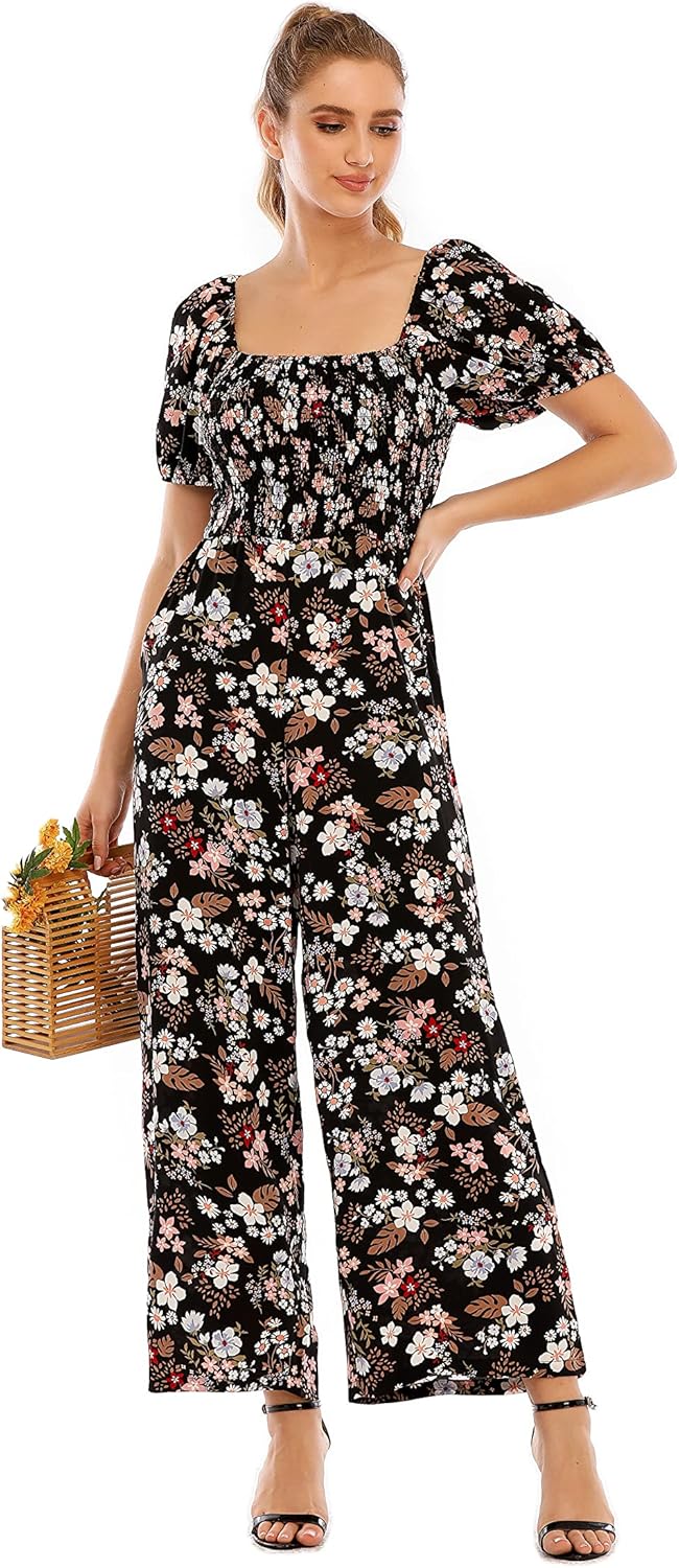Love Welove Fashion Summer Jumpsuits for Women 2025 Floral Dressy Casual Loose Wide Leg Short Sleeve One Piece Romper Outfits