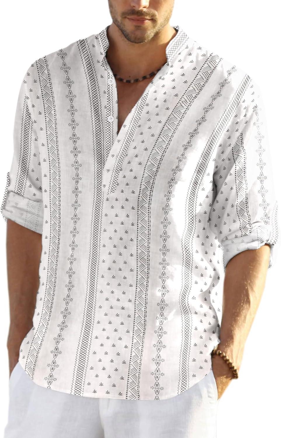 COOFANDY Men's Cotton Linen Henley T-Shirts Long Sleeve Hippie Casual Beach T-Shirts