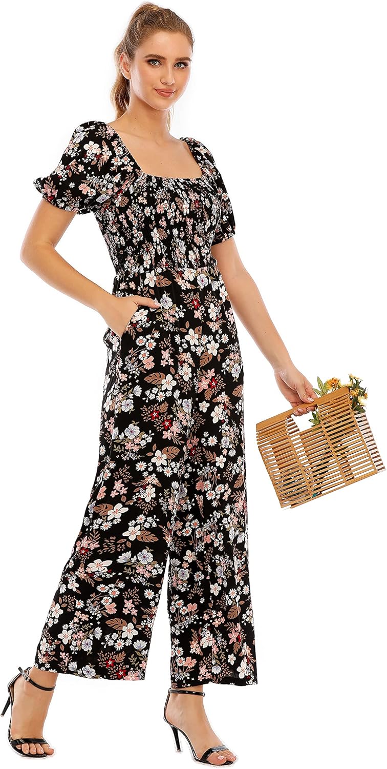 Love Welove Fashion Summer Jumpsuits for Women 2025 Floral Dressy Casual Loose Wide Leg Short Sleeve One Piece Romper Outfits
