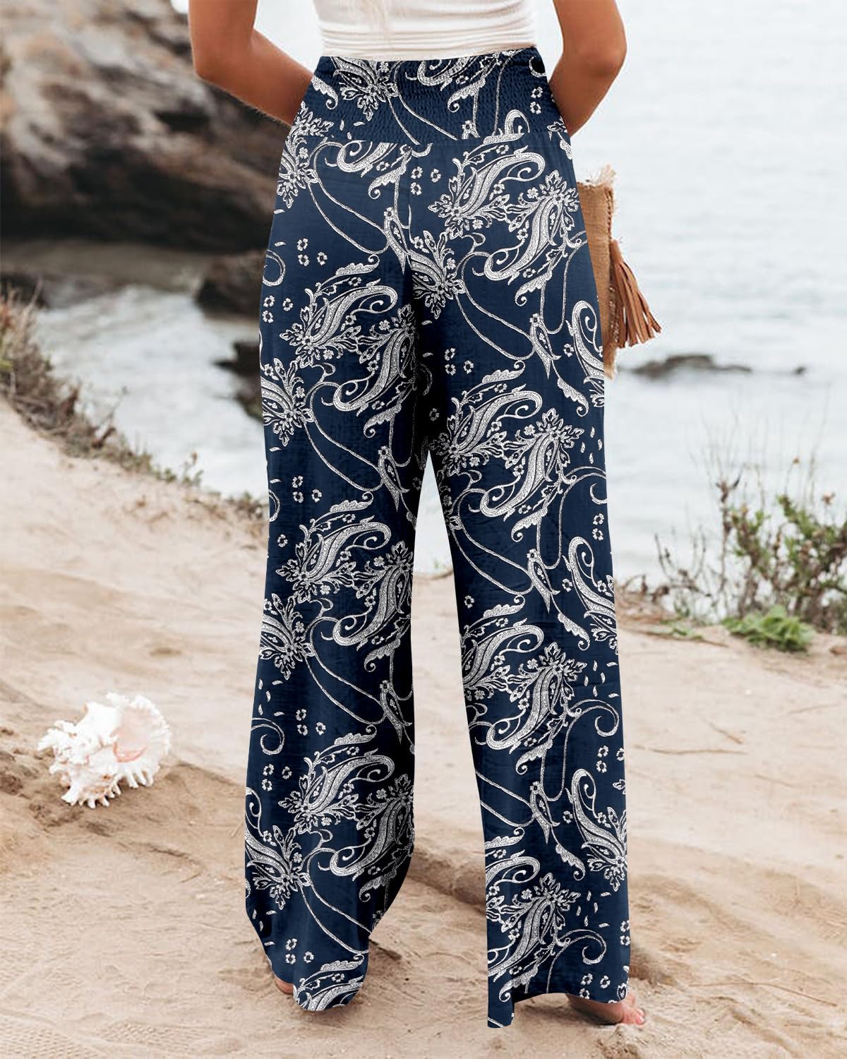 Angerella Womens Elastic High Waisted Palazzo Pants Casual Wide Leg Long Lounge Pant Trousers with Pocket