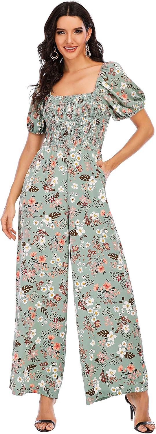 Love Welove Fashion Summer Jumpsuits for Women 2025 Floral Dressy Casual Loose Wide Leg Short Sleeve One Piece Romper Outfits