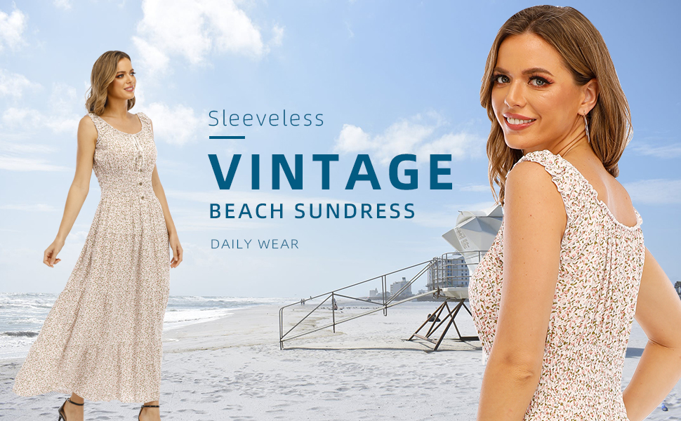 Long Flowy Maxi Dress Sleeveless Vintage Dresses Beach Sundress Cottage Dress