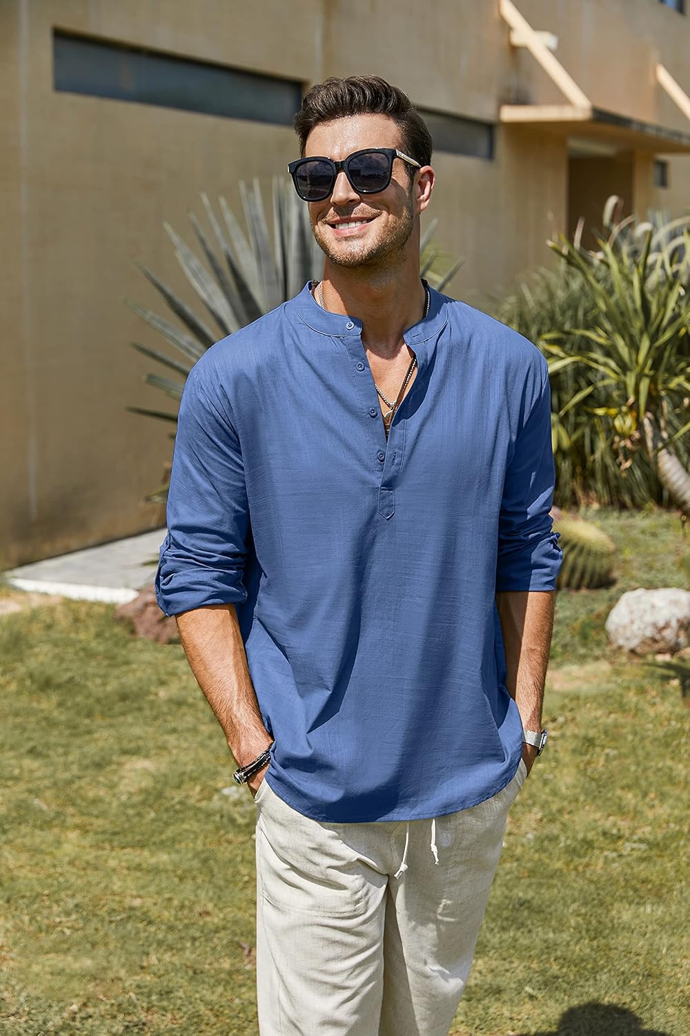 COOFANDY Men's Cotton Linen Henley T-Shirts Long Sleeve Hippie Casual Beach T-Shirts