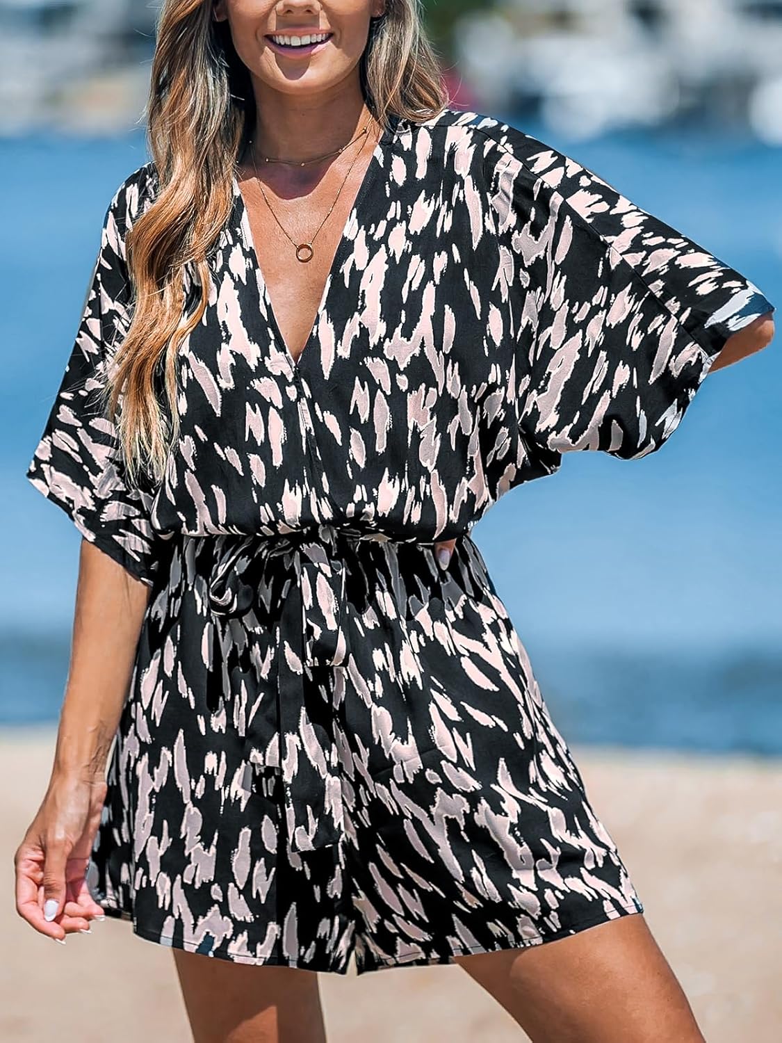 CUPSHE Women's Lace Up Leopard Print Romper Short Sleeves Jumpsuits Wide leg Outfit