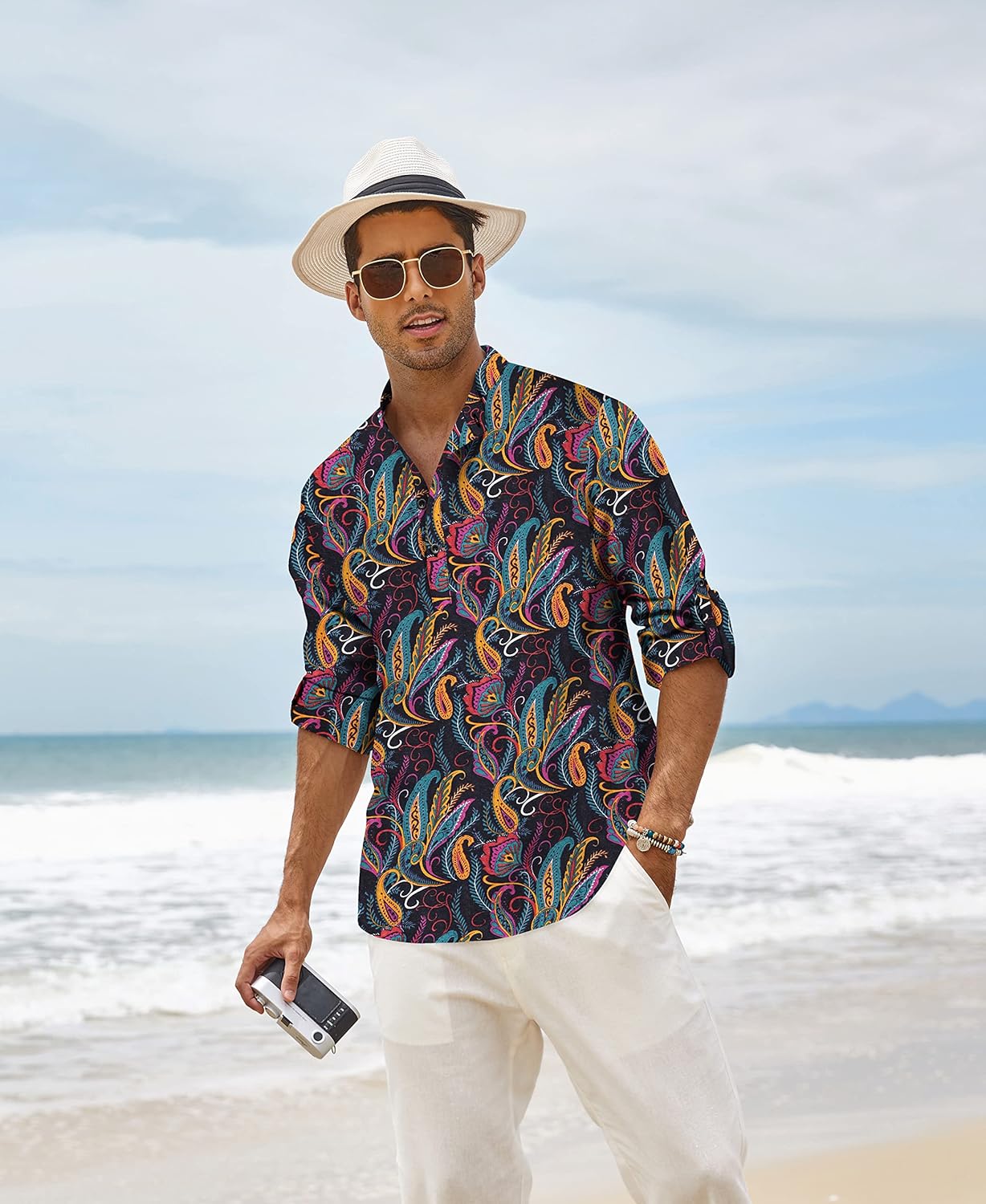COOFANDY Men's Cotton Linen Henley T-Shirts Long Sleeve Hippie Casual Beach T-Shirts