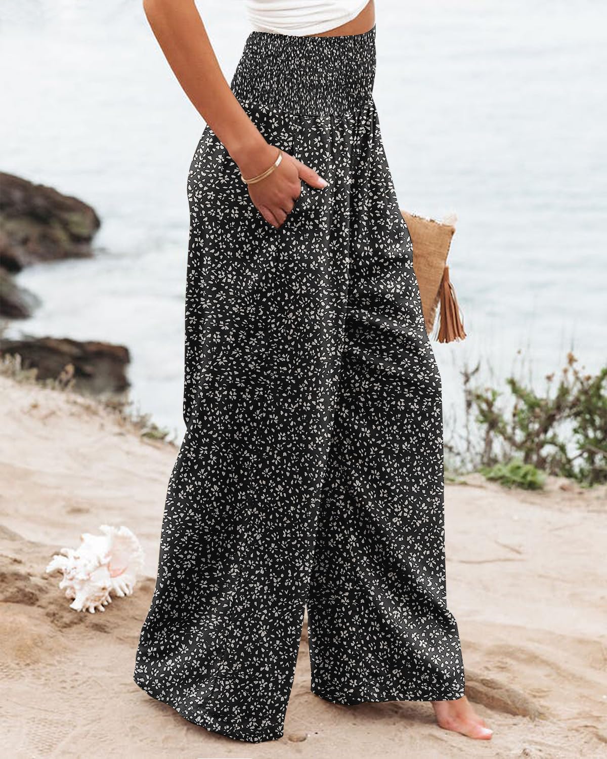 Angerella Womens Elastic High Waisted Palazzo Pants Casual Wide Leg Long Lounge Pant Trousers with Pocket