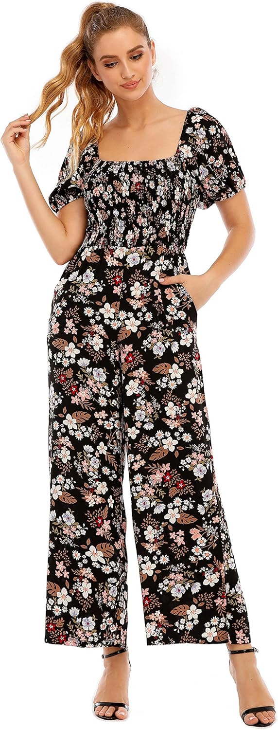 Love Welove Fashion Summer Jumpsuits for Women 2025 Floral Dressy Casual Loose Wide Leg Short Sleeve One Piece Romper Outfits