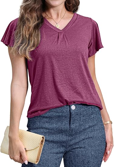 Women's V Neck Ruffle Sleeve Tunic Short Sleeve Blouse Flutter Sleeve Tops