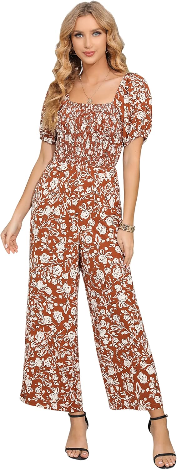 Love Welove Fashion Summer Jumpsuits for Women 2025 Floral Dressy Casual Loose Wide Leg Short Sleeve One Piece Romper Outfits