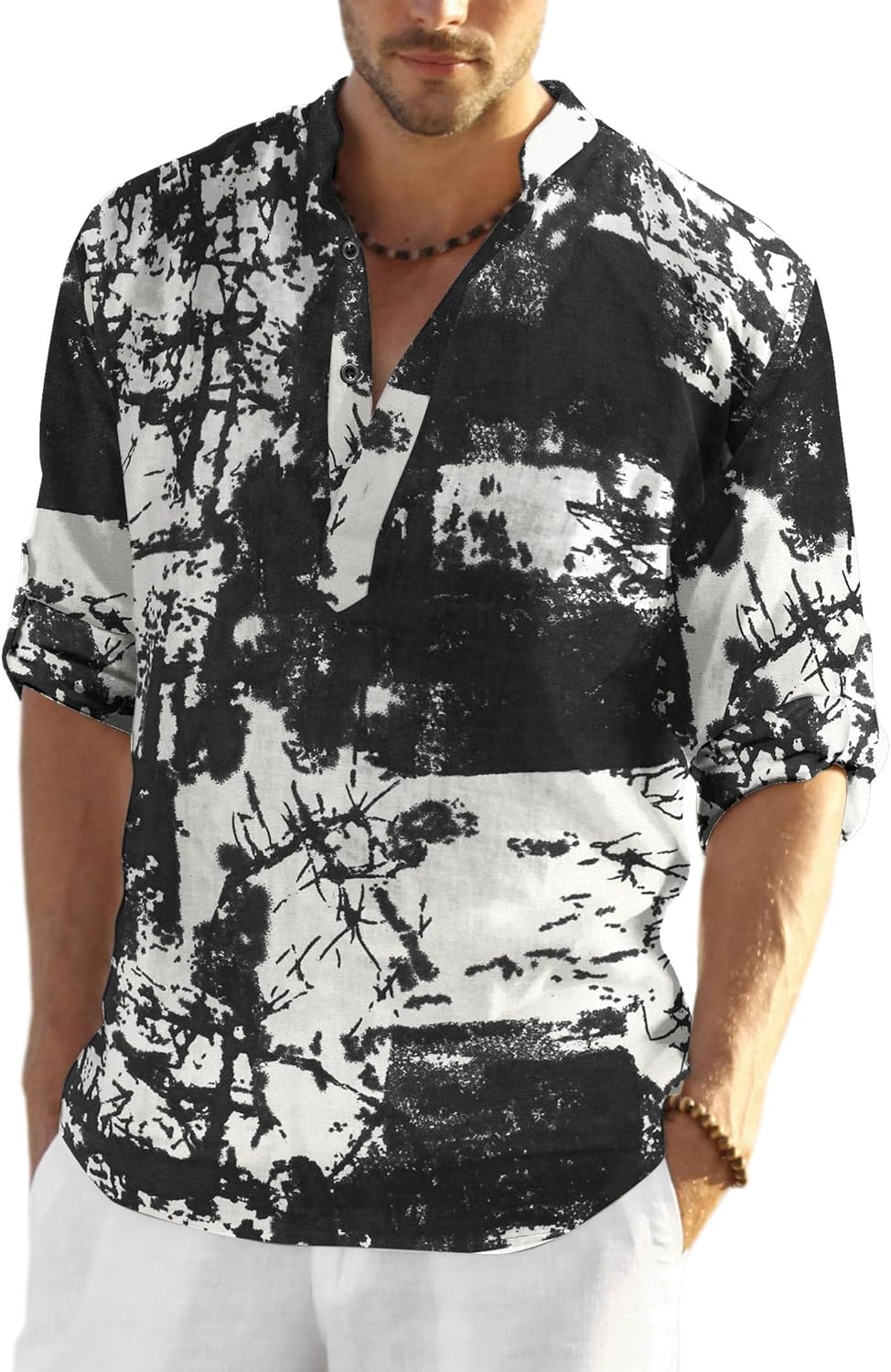 COOFANDY Men's Cotton Linen Henley T-Shirts Long Sleeve Hippie Casual Beach T-Shirts