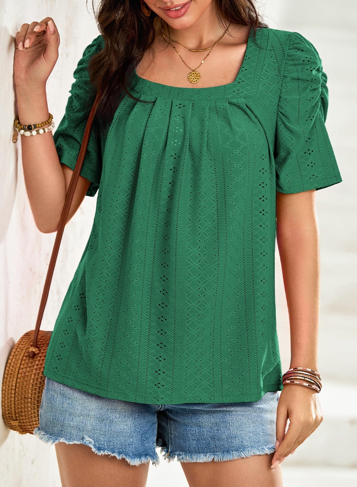 ✨Women's Hollow Pleated Short Sleeves Square Neck Knit T Shirts Tops(Buy 3 Free Shipping)