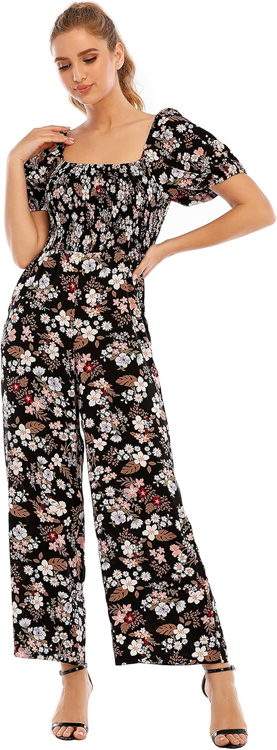Love Welove Fashion Summer Jumpsuits for Women 2025 Floral Dressy Casual Loose Wide Leg Short Sleeve One Piece Romper Outfits