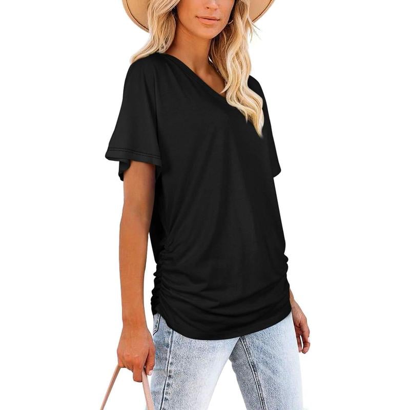 🎁Last Day Promotion 49% OFF✨Womens Short Sleeve V Neck Dolman Tops with Side Shirring Loose Fit Shirts
