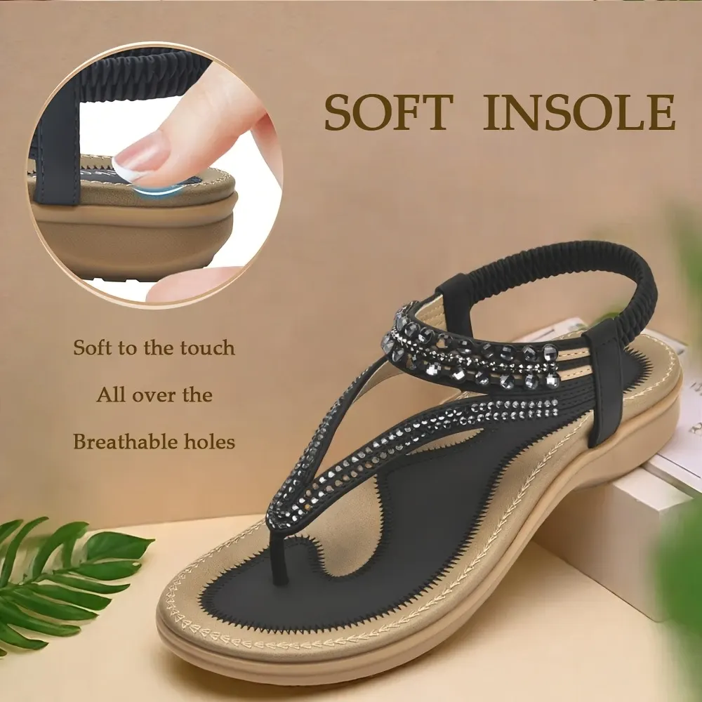 📢🔥 Last Day Promotion 70% OFF🔥Women's T-strap flat sandals with sparkling rhinestones