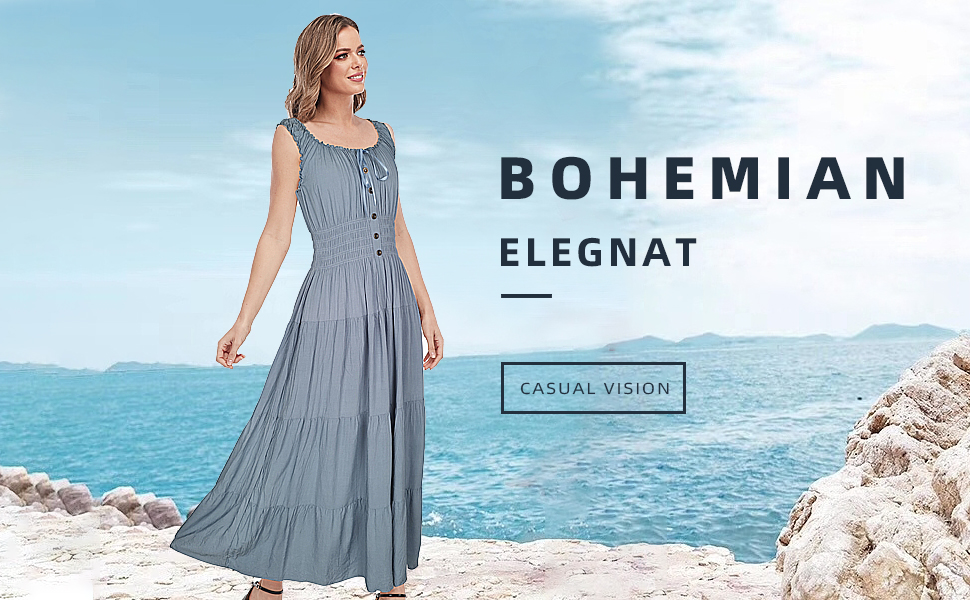 Boho Beach Scoop Tank Maxi Dress Bohemian Dresses for Women