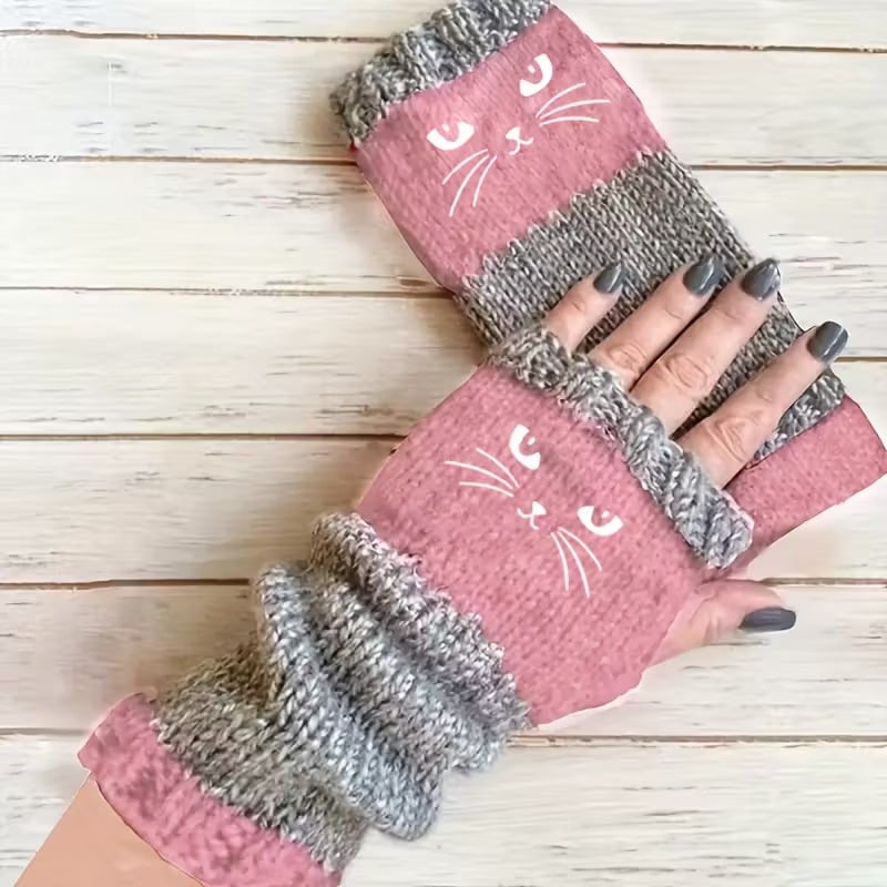 ❄️Women's Knitted Fingerless Gloves with Cute Cat Embroidery – Cozy, Stylish & Practical Winter Hand Warmers 🐾
