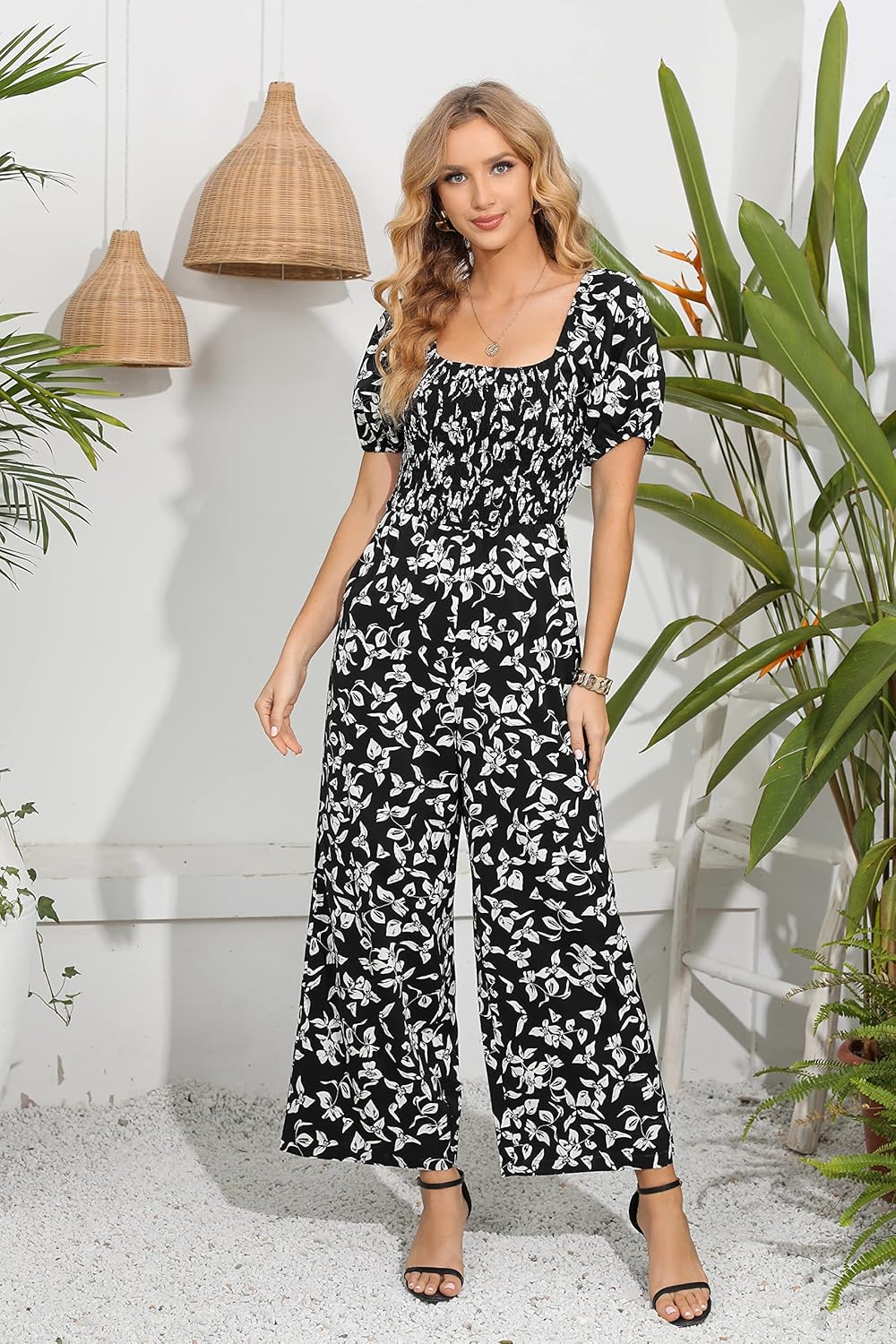 Love Welove Fashion Summer Jumpsuits for Women 2025 Floral Dressy Casual Loose Wide Leg Short Sleeve One Piece Romper Outfits