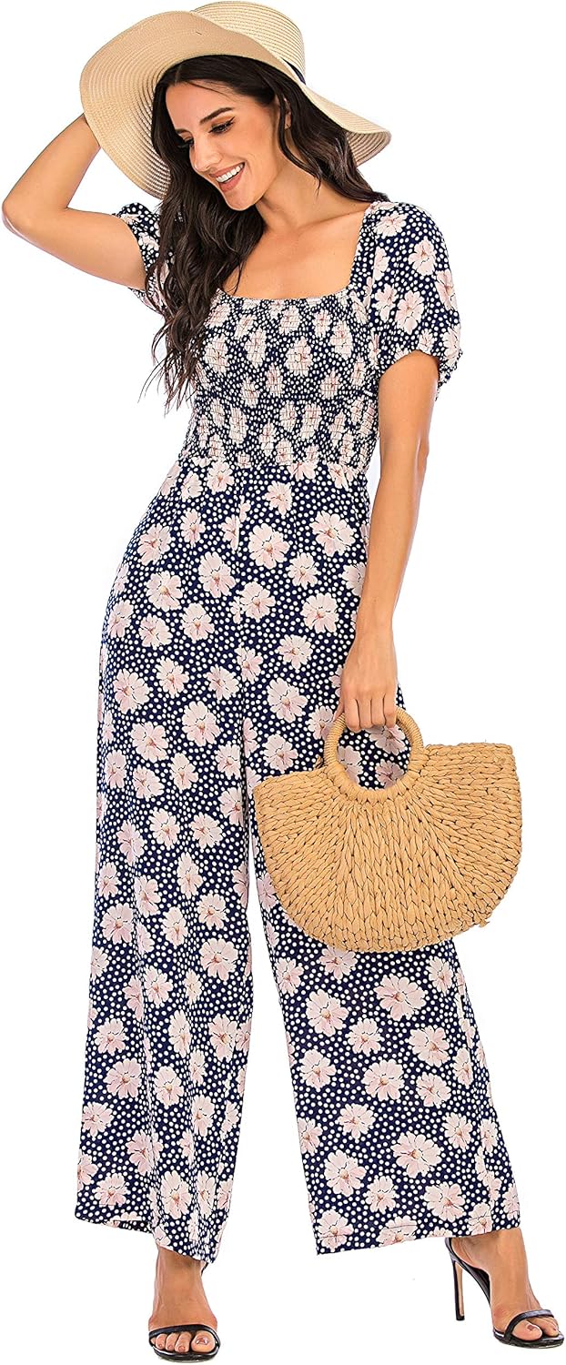 Love Welove Fashion Summer Jumpsuits for Women 2025 Floral Dressy Casual Loose Wide Leg Short Sleeve One Piece Romper Outfits