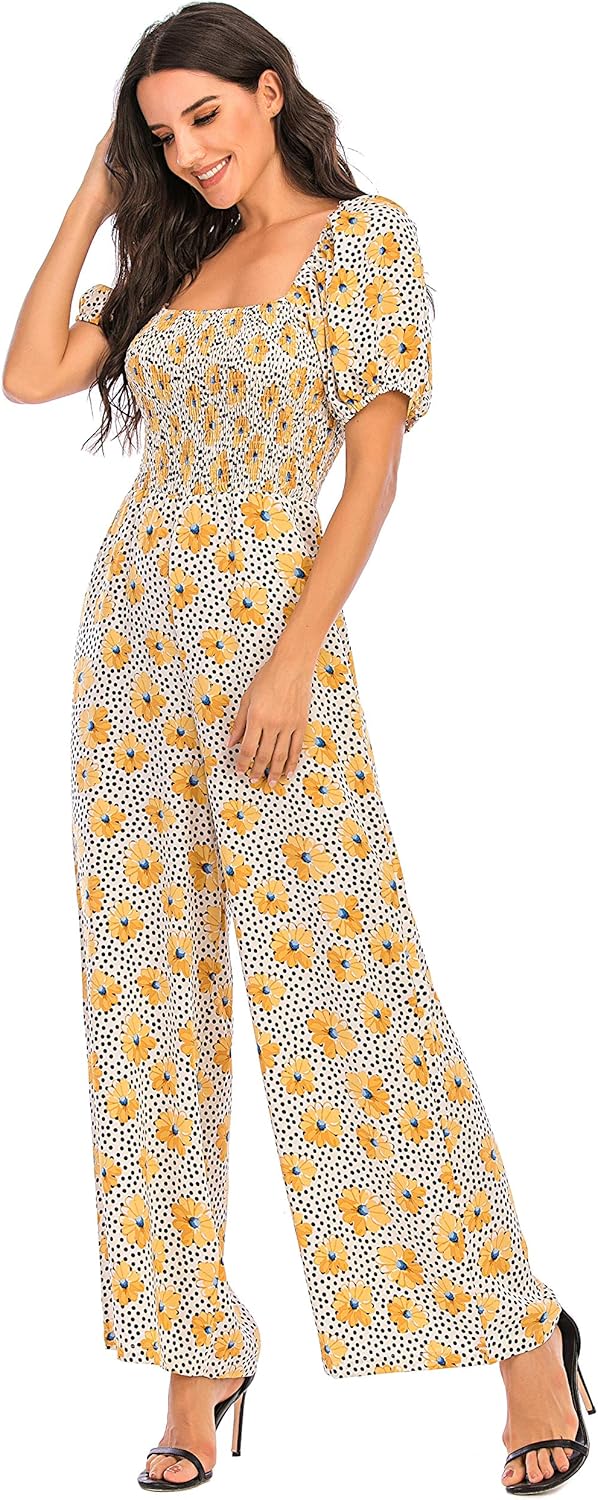 Love Welove Fashion Summer Jumpsuits for Women 2025 Floral Dressy Casual Loose Wide Leg Short Sleeve One Piece Romper Outfits