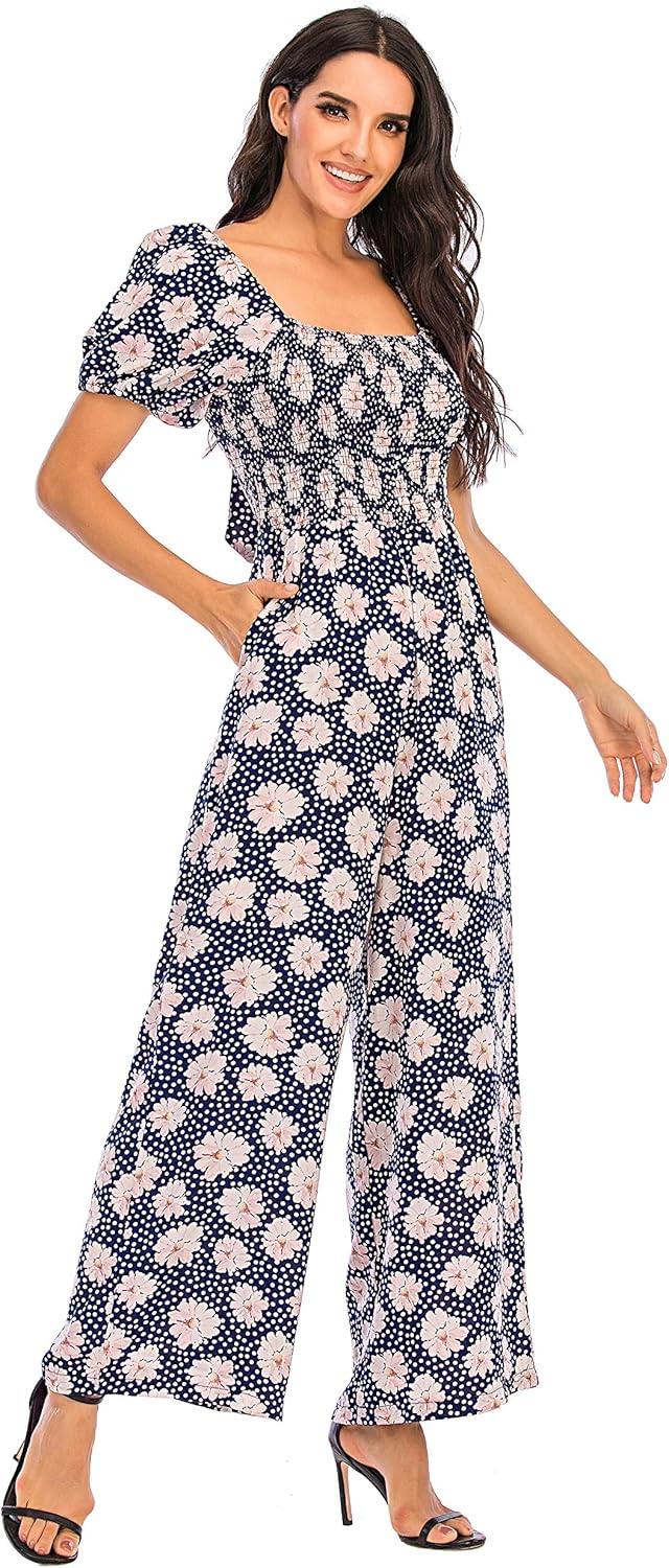 Love Welove Fashion Summer Jumpsuits for Women 2025 Floral Dressy Casual Loose Wide Leg Short Sleeve One Piece Romper Outfits