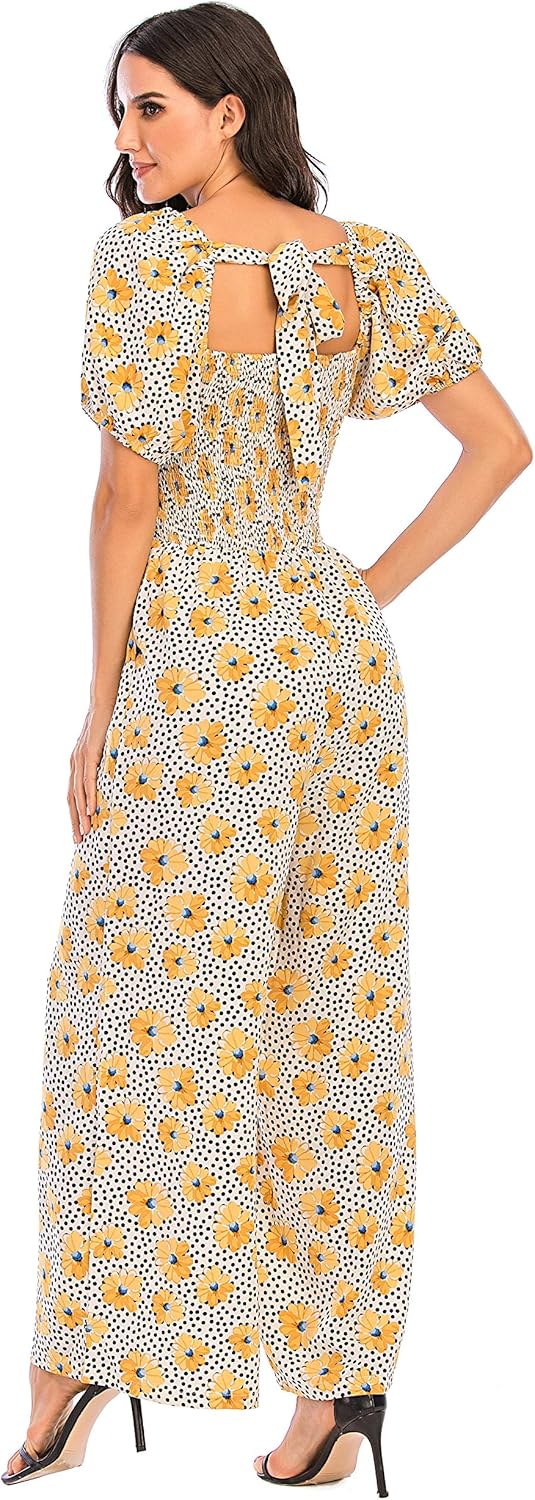 Love Welove Fashion Summer Jumpsuits for Women 2025 Floral Dressy Casual Loose Wide Leg Short Sleeve One Piece Romper Outfits